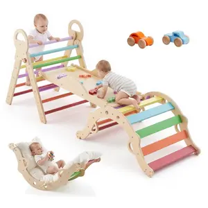 fathersdaygift  VEVOR Pikler Triangle Set, 9-in-1 Toddler Climbing Toys Indoor, with 2 Wooden Cars, Cushion, Triangle, Arch, and Ramp, 150 lbs Load, Foldable Montessori Climbing Set for Toddlers and Kids, Rainbow