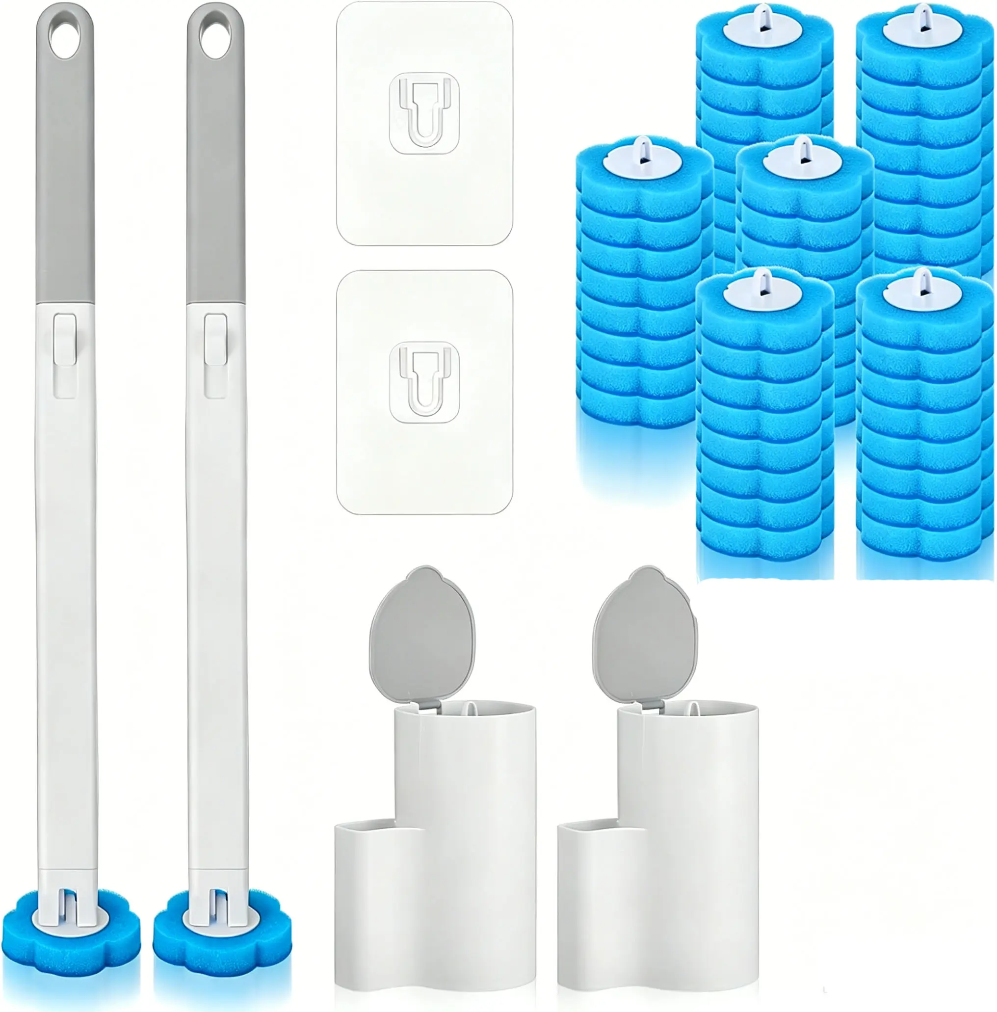 2Set Disposable Toilet Brush, Toilet Bowl Wand Holder Set with Cleaner Refills, Bathroom Cleaning System for Sink Bathtub Drain Wash Basin Urinal,Wall-Mount Scrubbing Toilet Brush Bathroom Cleaning Kit