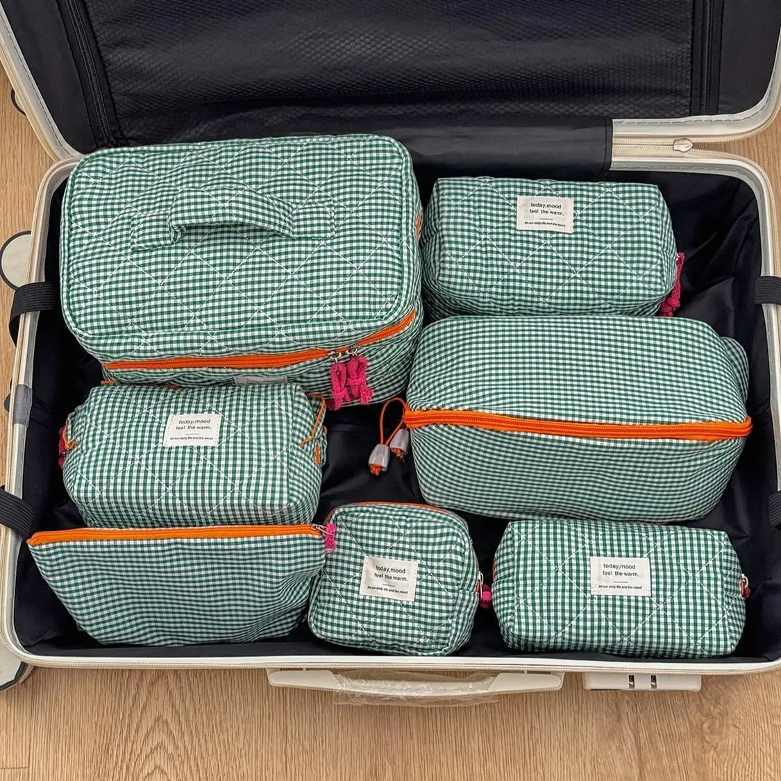 Classic Green Check Quilted Makeup Bag 7-Piece Set, Large-Capacity Travel Storage Kit, Multifunctional Divided Toiletry Bag Cosmetic Travel Bags Make Up Travel Bag Organizer