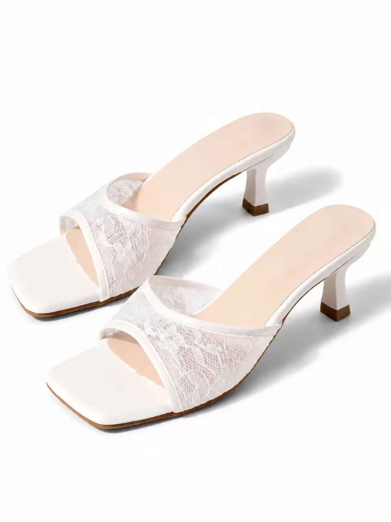 Angelic Coquette White Lace Mules | Square Toe Kitten Heels | Fairycore Bridal & Summer Slip-On Sandals | French Girl Aesthetic | Embellished Sandals | Chic Summer Footwear | Elegant Fashionable Sandals