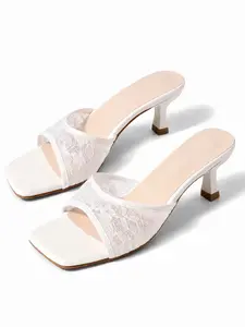 Angelic Coquette White Lace Mules | Square Toe Kitten Heels | Fairycore Bridal & Summer Slip-On Sandals | French Girl Aesthetic | Embellished Sandals