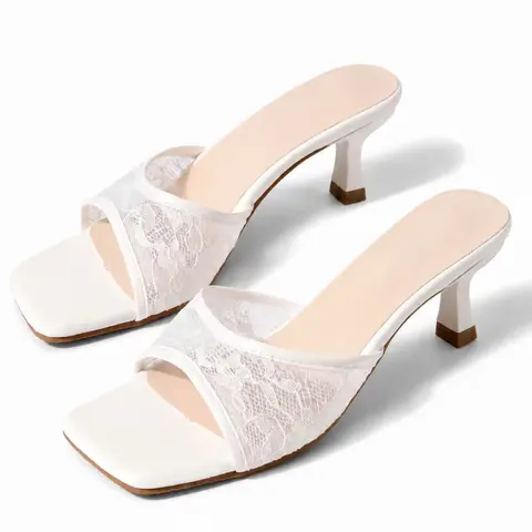 Angelic Coquette White Lace Mules | Square Toe Kitten Heels | Fairycore Bridal & Summer Slip-On Sandals | French Girl Aesthetic | Embellished Sandals | Chic Summer Footwear | Elegant Fashionable Sandals