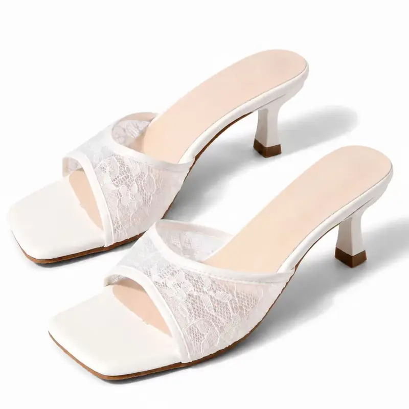 Angelic Coquette White Lace Mules | Square Toe Kitten Heels | Fairycore Bridal & Summer Slip-On Sandals | French Girl Aesthetic | Embellished Sandals | Chic Summer Footwear | Elegant Fashionable Sandals