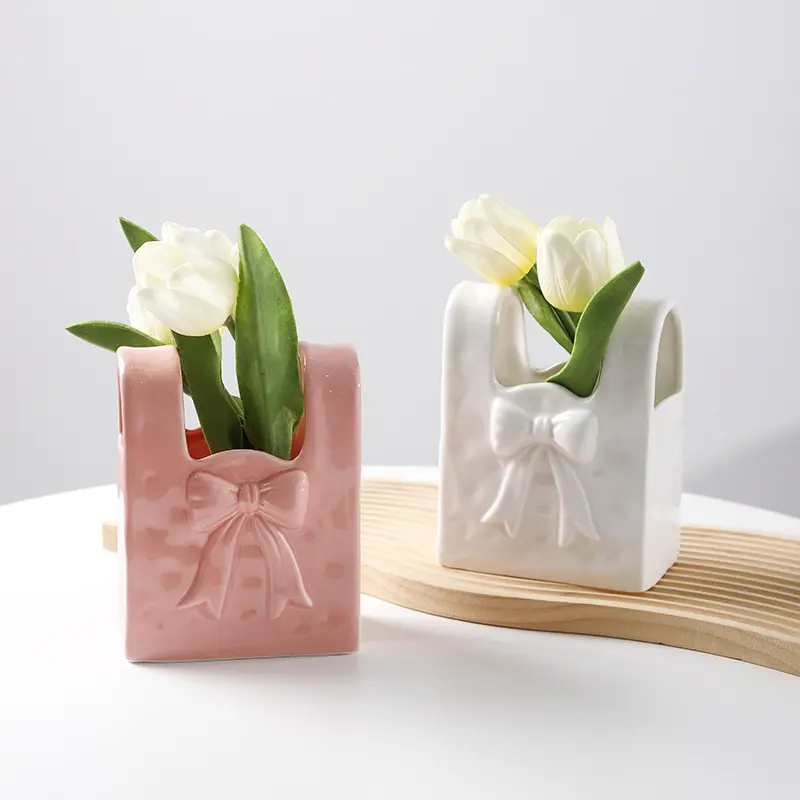 1PC Creative European-Style Ceramic Handbag Vase - Elegant Bow-Knot Decor Design, Premium Glossy Desktop Flower Arrangement Ornament for Home Living Room Bedroom Office Decor & Housewarming Gift