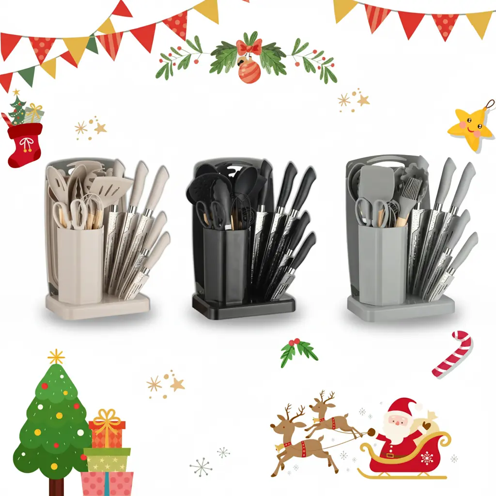 Kitchen Utensil Set, 23 Pcs Silicone Cooking Utensils and Kitchen Knife Set - Heat Resistant Food Grade Silicone Gadgets with Wood Handle - Non-stick Cookware Accessories - Best Housewarming Gift