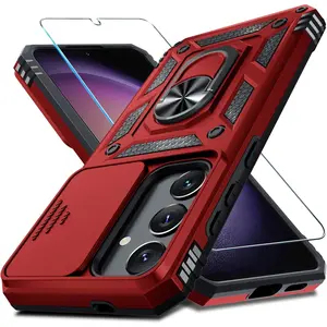 Compatible with Samsung Galaxy S25/S24 Case Built in Slide Camera Lens Cover+Screen Protector+Finger Ring Holder Kickstand,Heavy Duty Shockproof Full Body Protective Phone Cover,Red