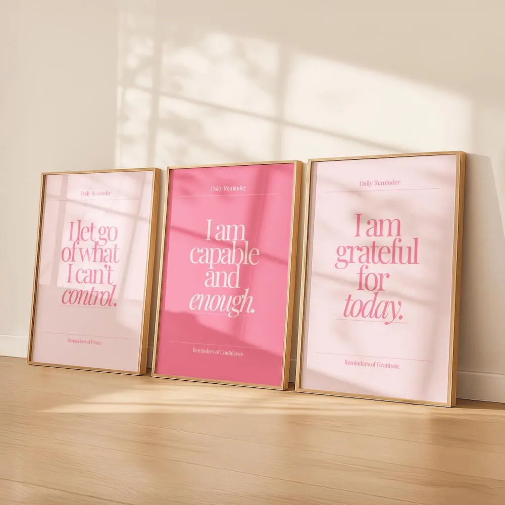 Pink Daily Affirmation Wall Art Set of 3 | Positive Quote Prints | Self Love Motivation Posters | Feminine Minimalist Home Decor