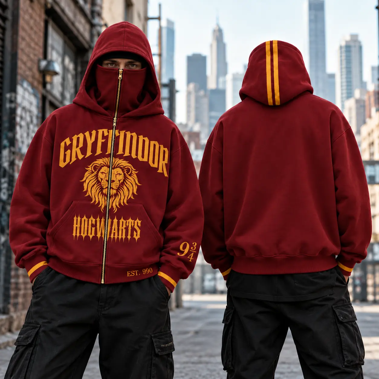 Hogwarts House Graphic Full Zip Hoodie, Built-In Face Mask Sweatshirt, 280G Soft Lined Fabric Jacket, Oversized Wizard School Print Zip Up Hoodie, Unisex Y2K Fantasy Streetwear, Gift for Magic Fans