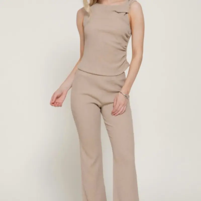 Asymmetrical Neck Ruched Top & Flare Crinkle Knit Pants Set