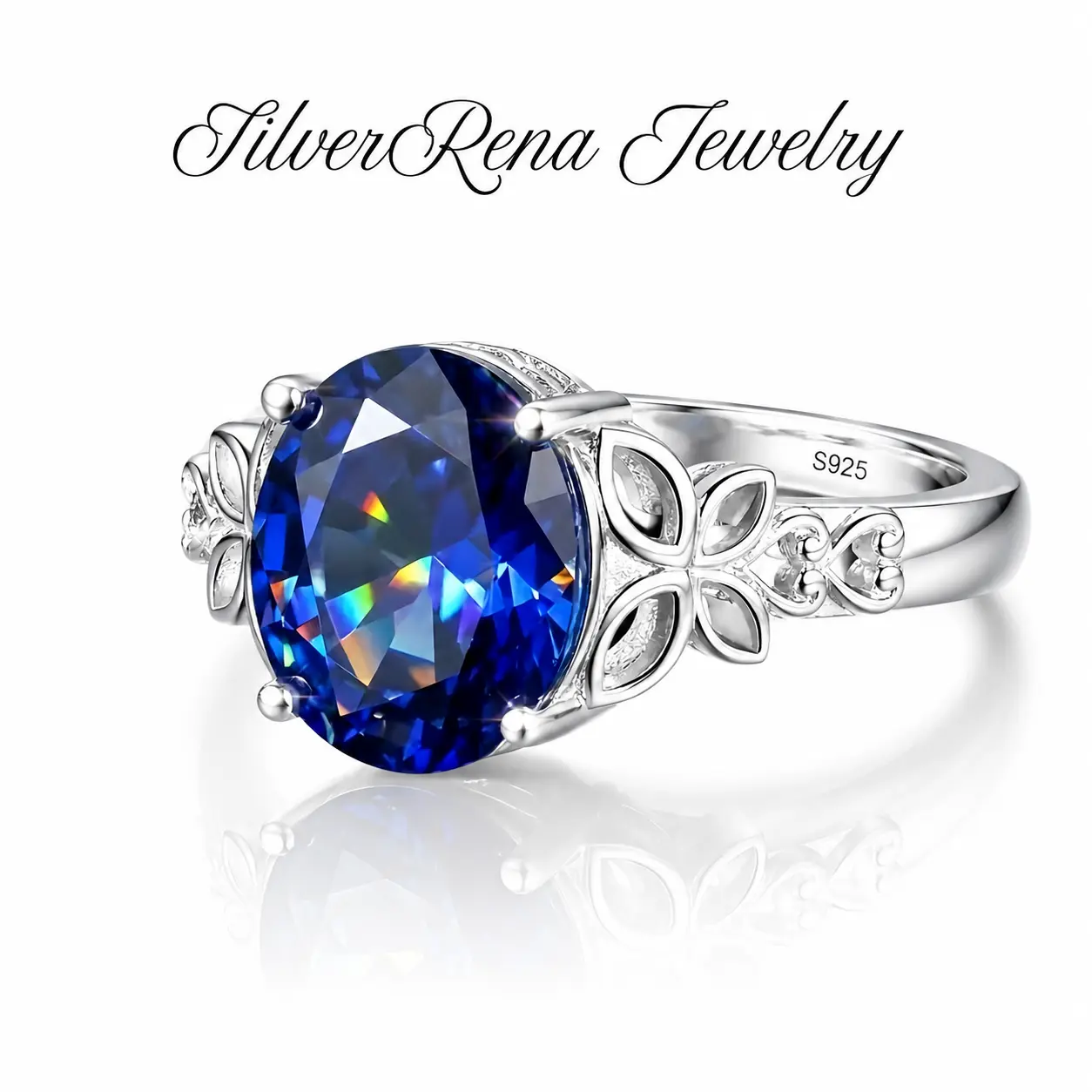 S925 Sterling Silver Hollow Floral Leaf Oval Blue Sapphire CZ Statement Ring - September Birthstone, Vintage Royal Engagement Cocktail Party Jewelry, Gem Centerpiece Gift for Women Gem Lovers (Anniversary Valentine Present)