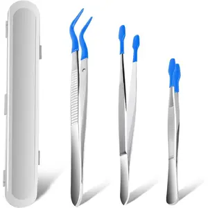 3PCS Tip Tweezers Silicone Rubber Flat Tipped and Bent Tip for Jewelry Coin Stamp Blue