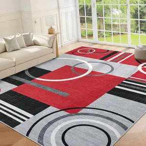GARVEE Large Area Rug 9x12 Washable Rug for Living Room Abstract Circle Rugs Non Slip Low Pile Soft Rug Stain Resistant Carpet for Bedroom Home Decor, Red