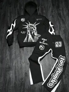 TikTok Trending American City - Themed Streetwear Set, Black Hoodie & Pants with Statue of Liberty and Los Angeles Graphic Print,  Ideal for Edgy Outfits During TikTok Shop Black Friday Sales and Christmas Gift Ideas