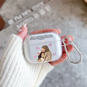 Divine Embrace Peace Pattern Protective Case for AirPods 4/3/2/1/Pro/Pro2 Soft TPU Earphone Cover, Transparent with Keychain