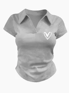 Women's La Print Polo Crop Top, Y2K Aesthetic Slim Fit Short Sleeve V Neck Shirts, Soft Breathable Fabric for Daily Wear, Trendy Preppy Style for Teen Girls & Young Adults