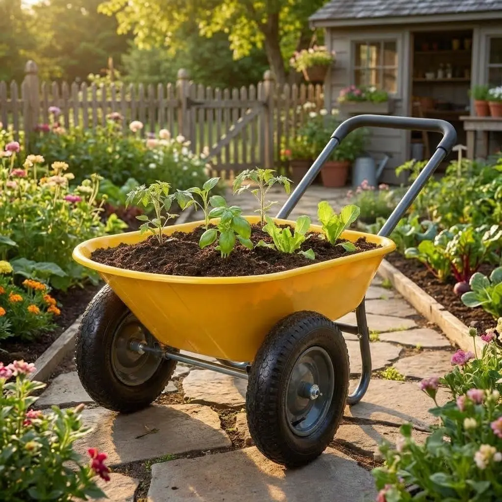 GARVEE Yellow Garden Wheelbarrow Cart, Heavy Duty Utility Cart with Dual Wheels and Built-in Stand, Iron and Plastic Yard Cart for Home, Lawn and Garden