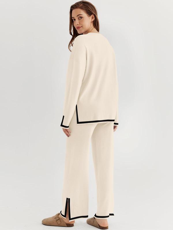 Women's 2 Piece Fall Knit Sweater Set Long Sleeve Tops Wide Leg Pants Sweatsuit Tracksuit Outfit Winter Clothing