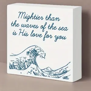 Christian Nursery Desk Decor, Bible Verse Ocean Nursery Decorations Scripture Religious Decor for Home Kids Bedroom Table Sign Baptism Christening Gift for Boy Girl, Mightier Than The Waves of The Sea 5x5 inch