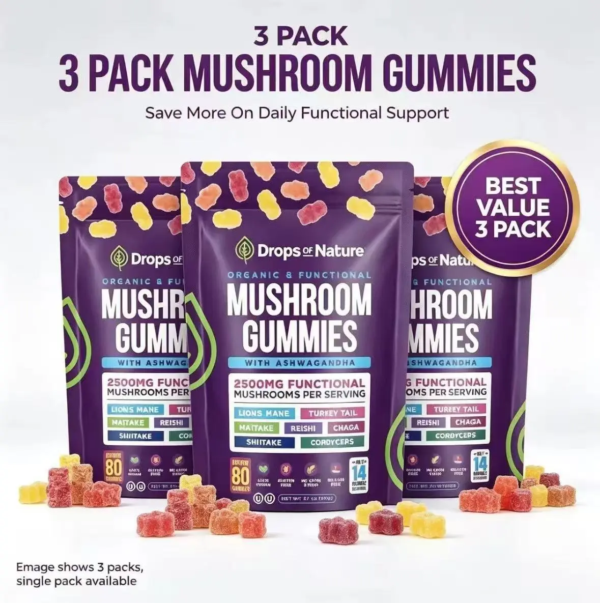 Drops Of Nature Mushroom Complex Gummies with KSM-66 Ashwagandha, Lion's Mane, Reishi, Cordyceps, Chaga, Maitake, Shiitake, Turkey Tail, Mixed Fruit Flavor, 80-Count Natural Dietary Supplement