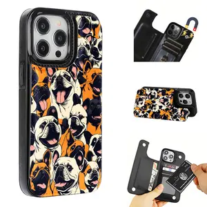 Creative Cute French Bulldog Pattern Leather Card Holder Phone Case, Suitable for iPhone 17 Air/16 Plus/15 Pro Max/14 Pro/13/12/11/XS Max/X Phone Case, Perfect Gift for Thanksgiving and Christmas for Family, Friends, Lovers, Boyfriend, Girlfriend