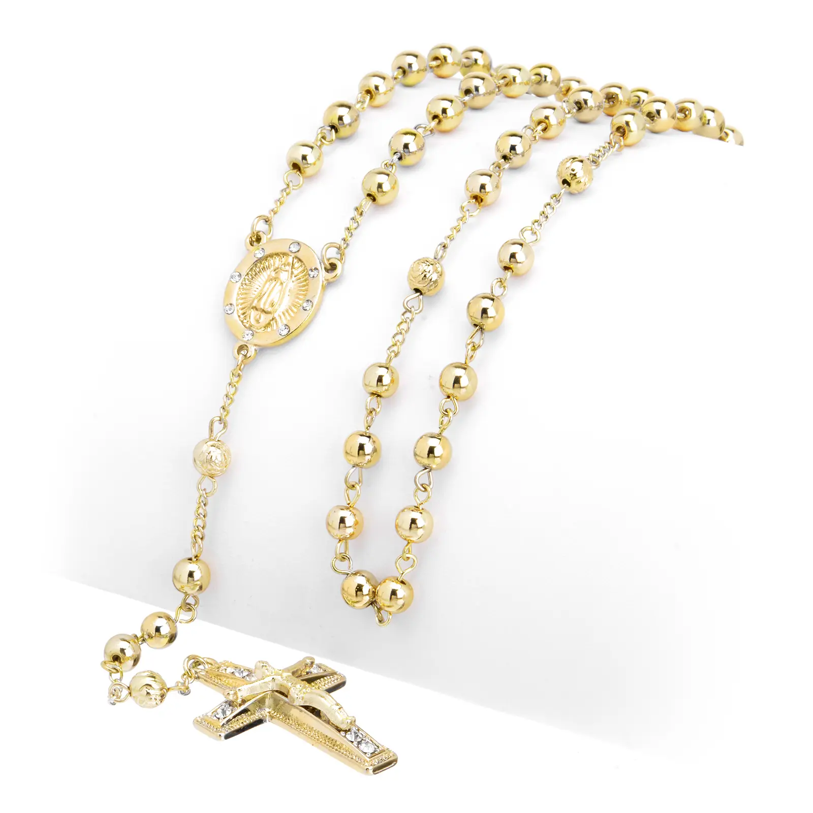 Men's Women's Gold Tone Bead Virgin Mary Guadalupe Cross 28" Rosary Necklace HR600G