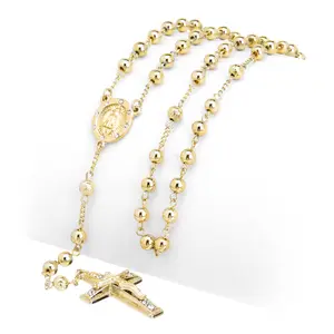 Mens Womens Gold Plated Virgin Mary Guadalupe Cross Beaded Rosary Necklace 600G