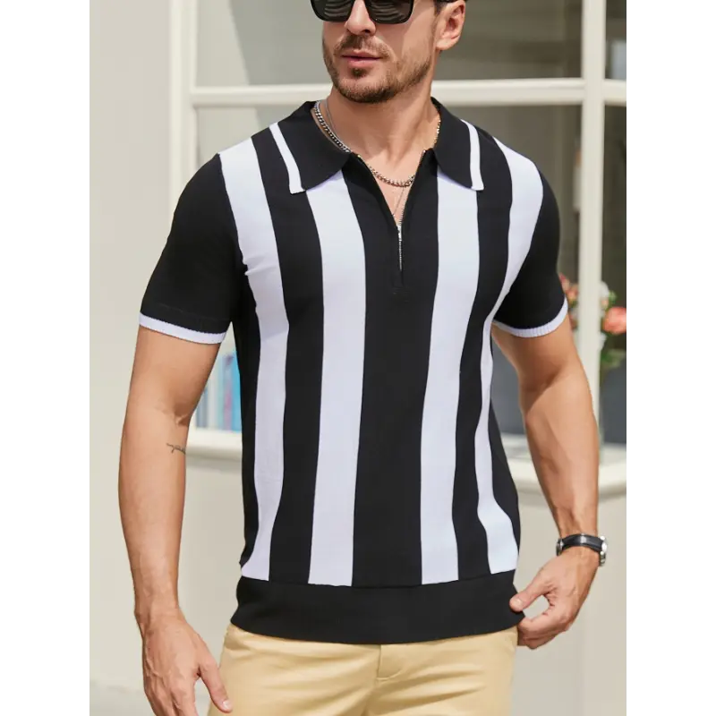 Men'S Black and White Striped Zipper Polo Shirt - Casual Ribbed