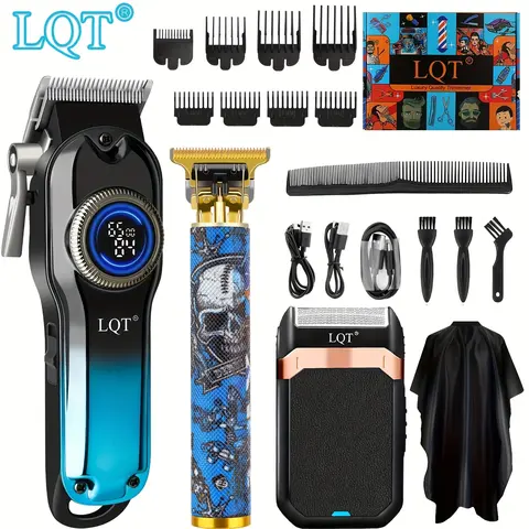 LQT Men's Professional Hair Clipper & Trimmer Set，Hair clipper，Carving shears，Razor three-piece set，USB charging，LED display screen，long battery life, suitable for home and professional hair salons, exquisite gifts