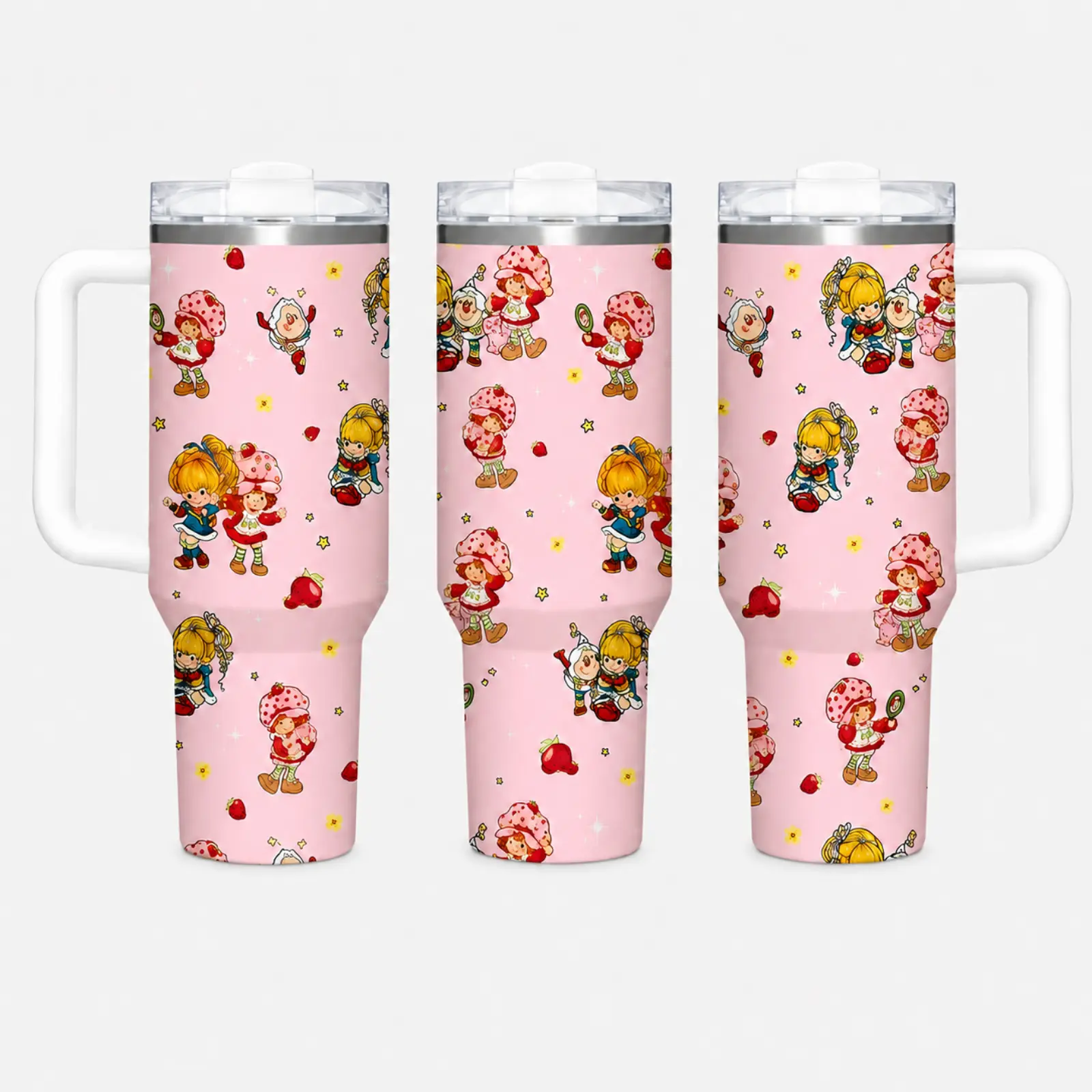 40oz & 20oz Strawberry Pattern Insulated Tumbler with Handle and Leak-Proof Lid, Double Wall Vacuum Travel Cup, Keeps Drinks Hot 12 Hours Cold 24 Hours, Picnic Beach Cup, Cute Gift for Women and Girls