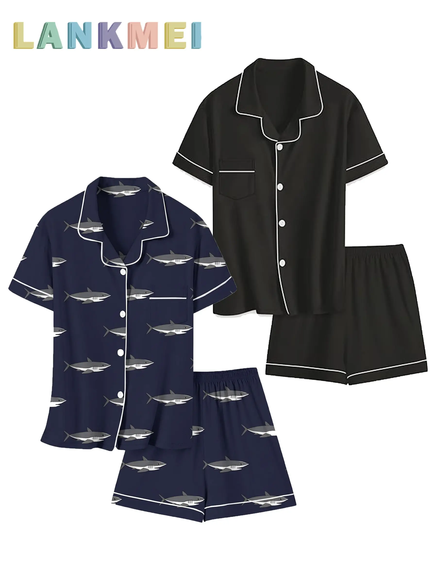 Boys' 2-Pack Classic Button-Down Short-Sleeve Pajama Sets - Shark Print, Solid Black, Lightweight Poly, Flame Resistant, Fitted Cut Soft Sleepwear for Bedroom Lounging