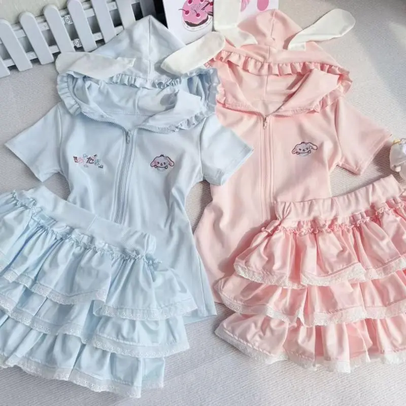 Sweet Kawaii Summer Short Sleeve 2-piece Set Japanese Fashion Slim Embroidery Print Hooded Top + High-waist Cake Short Skirt New