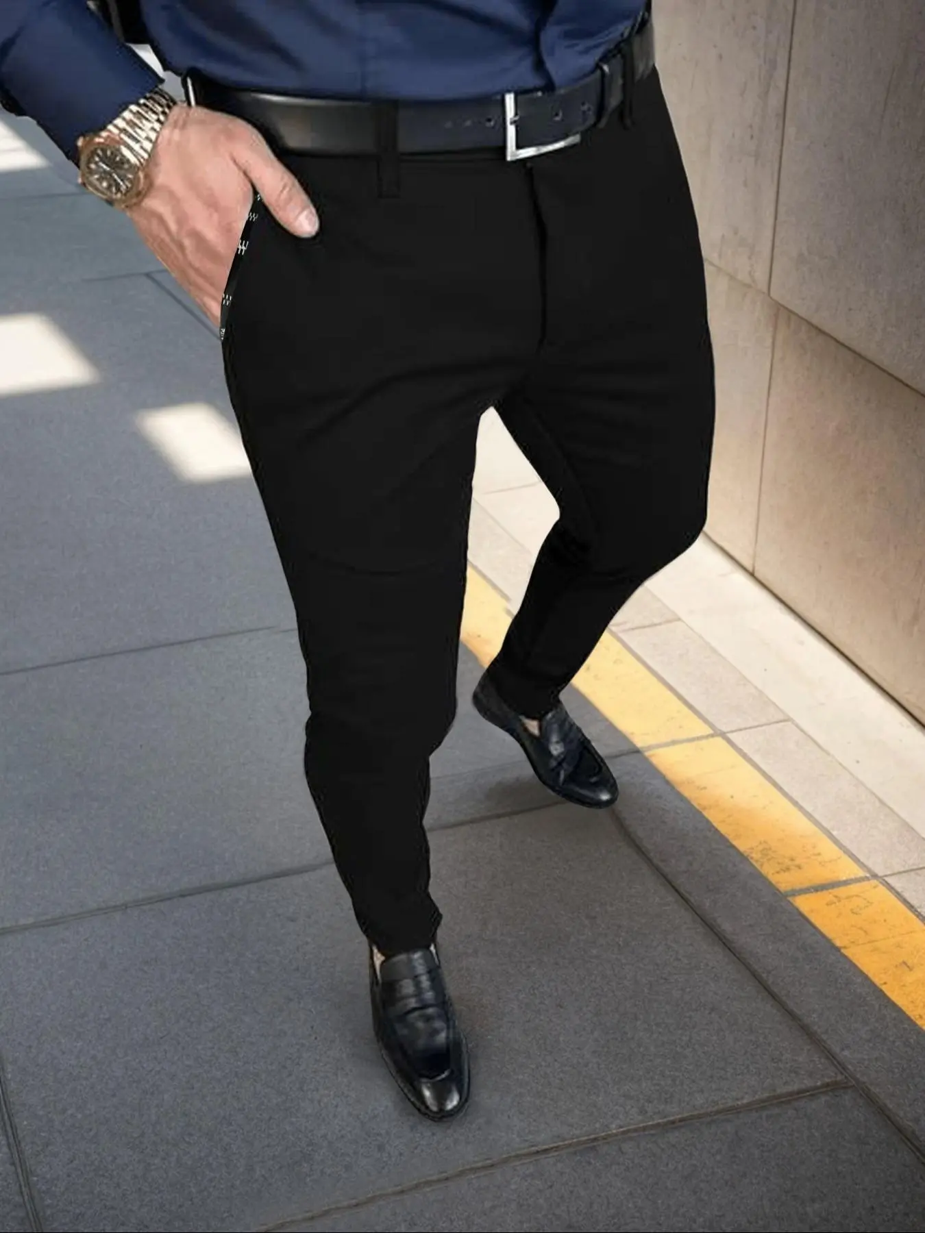 Men's Solid Pocket Button Suit Pants, 2024 Slim Business Formal Pants for Work Office, Men's Trousers for Spring & Fall