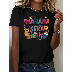 Women's Black Crew Neck Short Sleeve T-Shirt 100% Cotton with "MANANA SÉRA BONITO" Bee Print Graphic Tee for Spring Summer Fall Fashion Top Womenswear Casual Shortsleeve