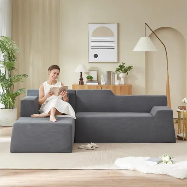 96" L-Shaped Boneless Couch - High Back Cloud Couch with Deep Seat,Modern Corduroy Sofa for Living Room,Modular Sectional Sofa with Left-Facing Chaise,Dark Grey