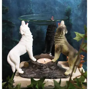 Ebros Moonlight Colorful Three Howling Wolves Oil Warmer Figurine Wax Tart Burner