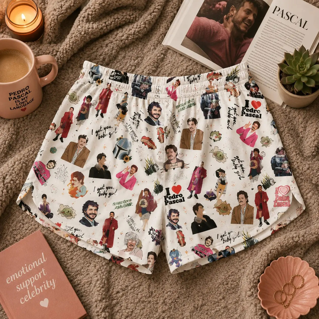Women's Pedro Daddy Pascal Inspired Lounge Shorts, Pedro Pascal Lover Lounge Shorts, I Love Pedro Pascal Inspired Pattern , Pascal Lover Gift