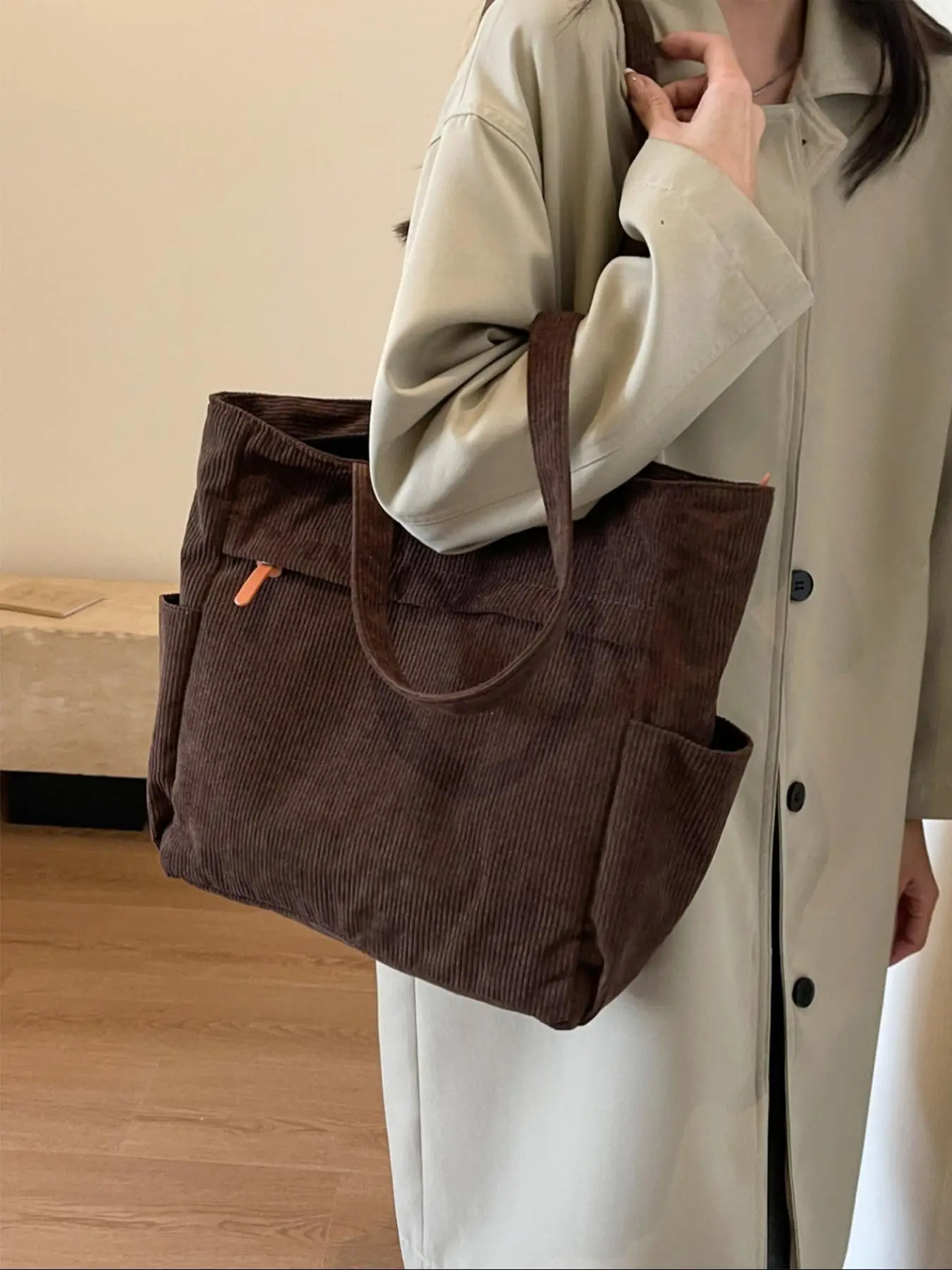 1 Piece Women's Elegant Corduroy Soft Tote Bag, Simple Plain Large Capacity Shoulder Bag, Fashionable Versatile Tote Bag for Daily & Travel Use