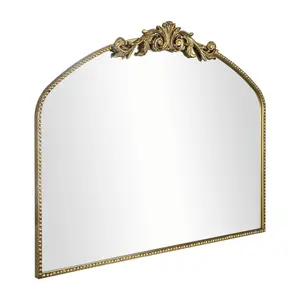 Traditional Arch Wall Mirror, Carved Elegant Rectangle Vintage Mirror with Antique Ornate Frame, Baroque Inspired Home Decor for Vanity Bedroom large makeup mirrors Luxury