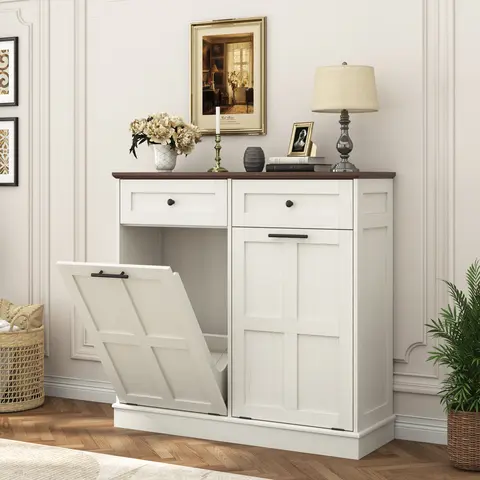 Trash Can Cabinet, 10 Gallons / 20 Gallons Farmhouse Hidden Wood Garbage Can Bin Cabinet with Drawers, Tilt Out Laundry Hamper with Laundry Storage Basket for Bathroom, Kitchen, Brown/Antique White/Dark Grey