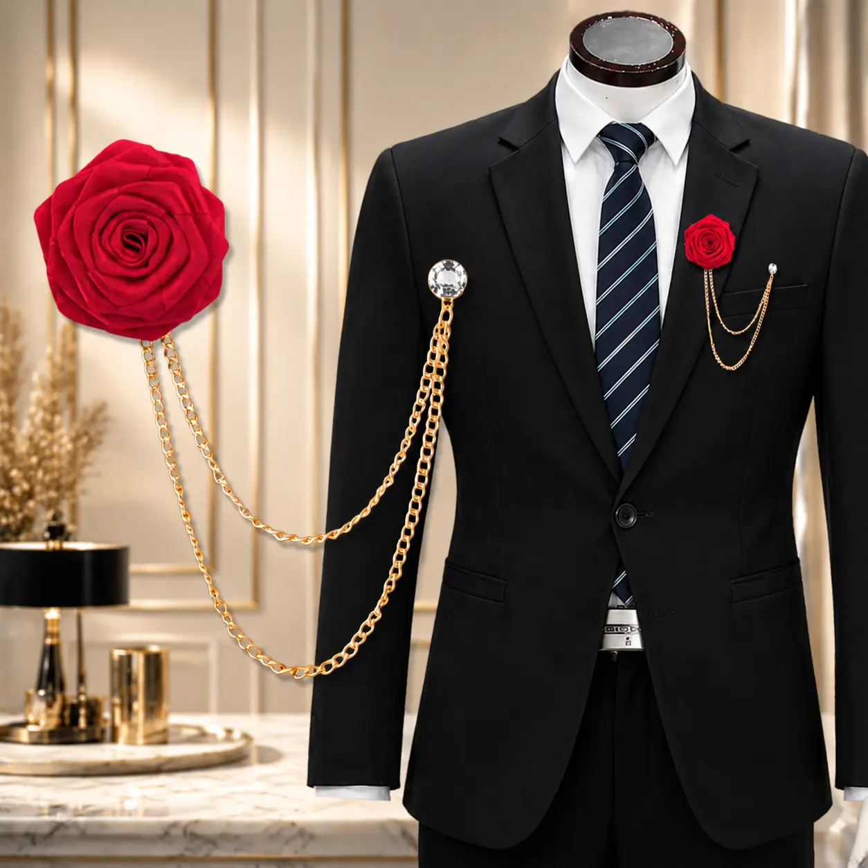 Men's Wine Red Rose Flower Tassel Chain Brooch, Formal Suit Lapel Pin, Wedding Fashion Costume Jewelry Accessory