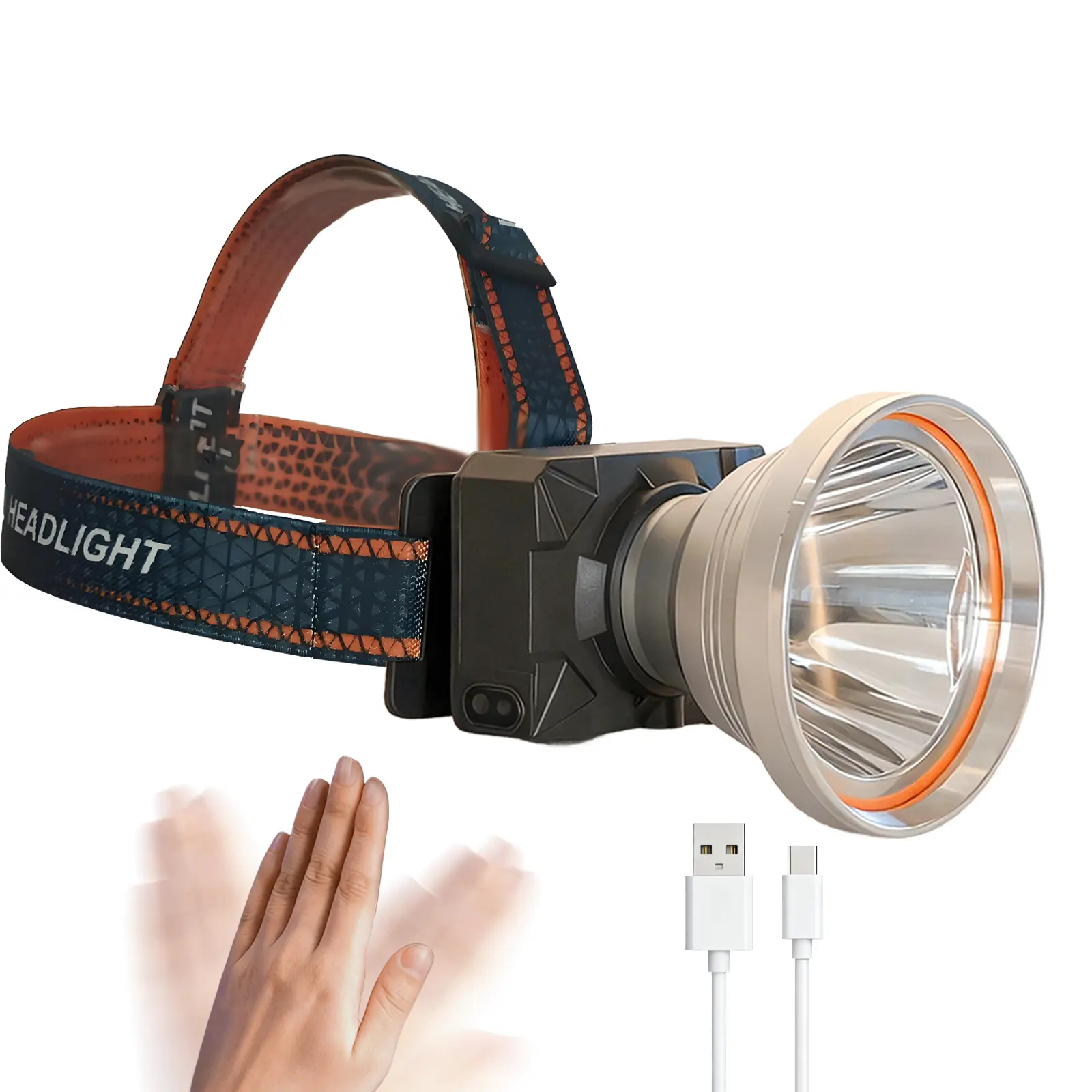 Rechargeable Headlamp - Ultra Bright LED Spotlight with Motion Sensor, Hands-Free Lighting for Fishing Camping Hunting