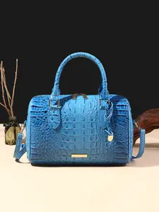 Crocodile Embossed Boston Bag, Women's blue Ombre PU Leather Top Handle Purse with Detachable Crossbody Strap
