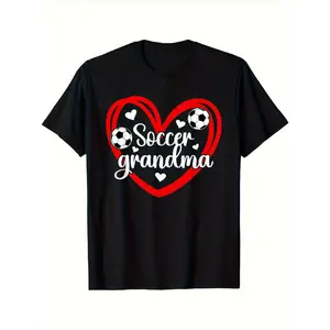 Soccer Grandma Graphic T-Shirt - 100% Cotton Retro Unisex Tee with Heart & Soccer Ball Design, All-Season Casual Wear for Sports, Gifts for Soccer-Loving Grandmothers, Soccer Shirt, Sports Fan Apparel, Vintage  Womenswear Black Crewneck Tshirt