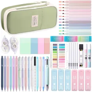 54 count -in- Cute School Supplies with Large Pen Case, 12 Pastel Highlighters, 5 Gel Pens, 9 Mechanical Pencils 0.5mm, 0.7mm & 2.0mm Stationary Set for Writing, Drawing & Drafting