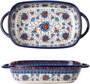 Vintage Blue Orange Flower Vintage Style Ceramic Bakeware Casserole Dish Baking Pan Lasagna Pan With Handles for Oven Cooking Kitchen, 1PCS 22 OZ