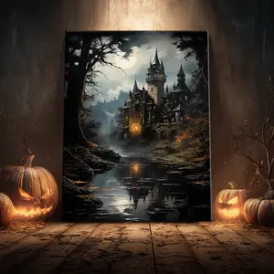 1 Count Halloween Wooden Framed Canvas, Mysterious Castle Poster, Halloween Decorative Poster, Horror Party Hanging Picture, Modern Art Living Room, Bedroom, Family Decoration, Interesting Poster, Waterproof, Wall Art