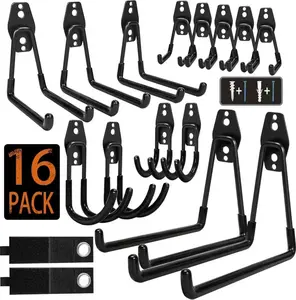 Heavy Duty Steel Hooks, 16 Pack with Anti-Slip Coating - Utility Wall Mount Garage Storage for Hanging Bike, Ladder and Garden Tools