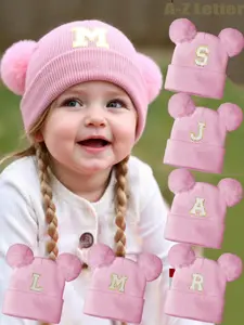 Knitted Beanie Hat for Babies & Toddlers, A-Z Letter Design, Casual Loose-Fitting, Fall Winter Warm Wear, 0-3 Years, Knitting Beanie