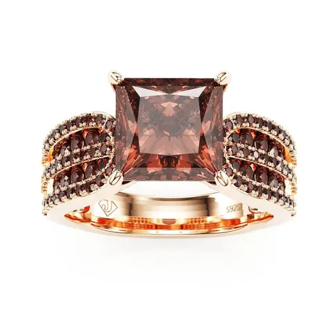 Jzora Female 10*10mm Coffee Brown Princess Cut Elegant Fashion Ring - Rose Gold Setting, Rhinestone Decor, Cubic Zirconia Daily Statement Jewelry Accessory