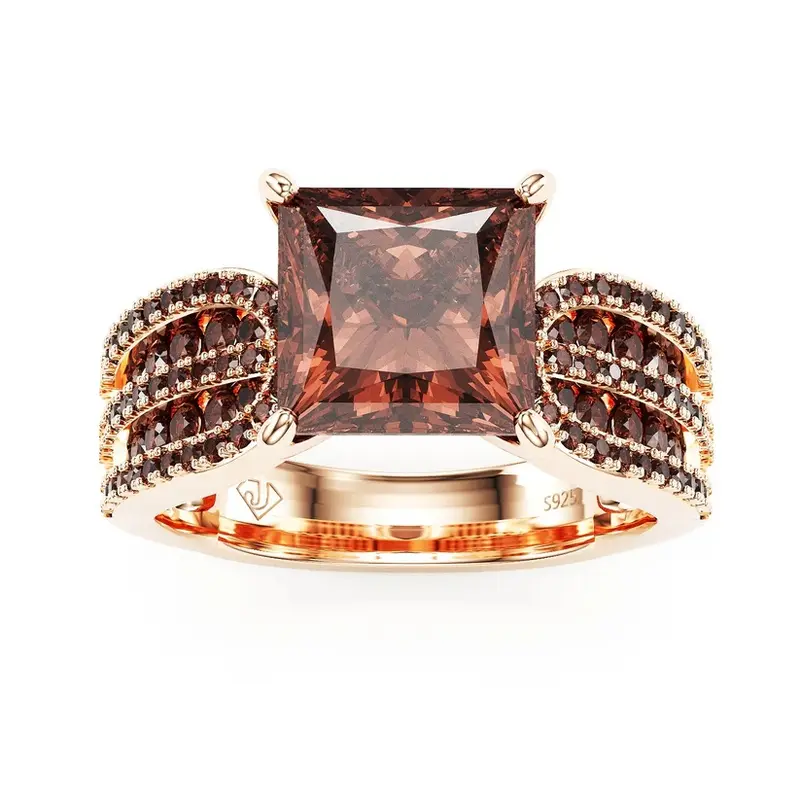 Jzora Female 10*10mm Coffee Brown Princess Cut Elegant Fashion Ring - Rose Gold Setting, Rhinestone Decor, Cubic Zirconia Daily Statement Jewelry Accessory